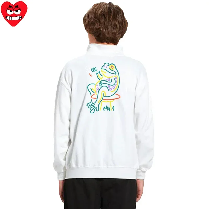 Break Egg Men Jacket Cotton Cartoon Cute Heart Embroidered Frog Printed Collar Zipper Pocket Wool Fit Casual Autumn Jacket Coat