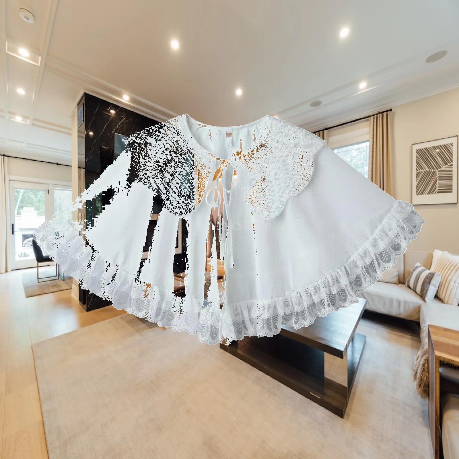 Ruffle Trim Shawl Lightweight White Lace Capelet Ruffled Hem for Wedding, Brides