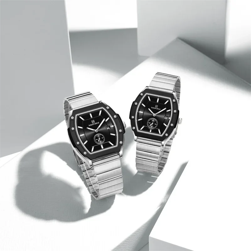 NAVIFORCE NF8068 ساعات الزوجين سوار فولاذي غير قابل للصدأ مقاوم للماء كوارتز هدية للأزواج عرض التاريخ ساعة مضيئة