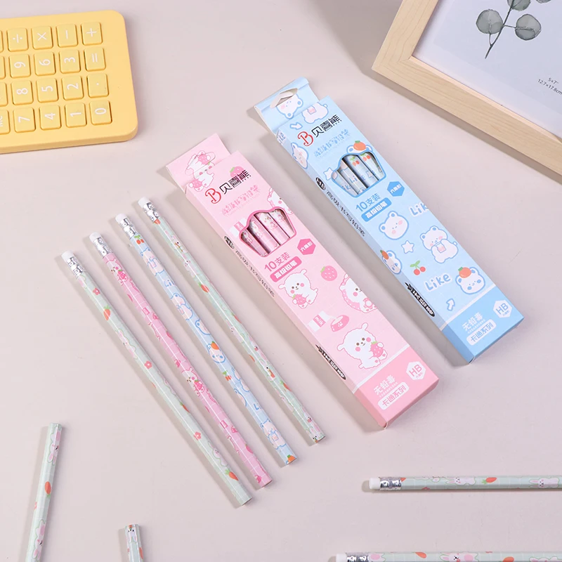 10Pcs/box Wooden Pencils Cute Cartoon HB Pencil Sketch Drawing Stationery Student School Office Supplies
