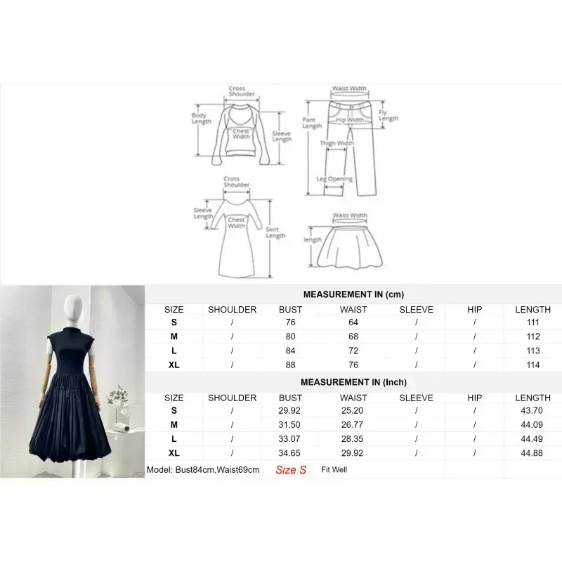 2024 New Black Puffy Hem Ruched Women Elegant Sleeveless Pleats Summer Midi Dresses