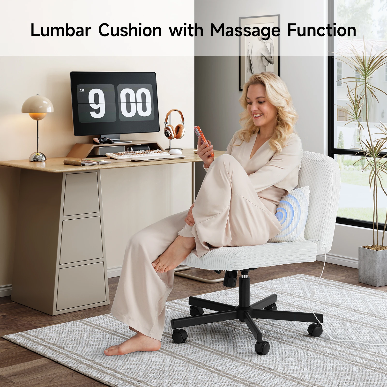 Massage Cross Leg Office Chair w/ Double Layer Sponge Cushion,Corduroy/Pearl Velvet Wide Armrest Desk Chair Mid Back Adjustable image 3