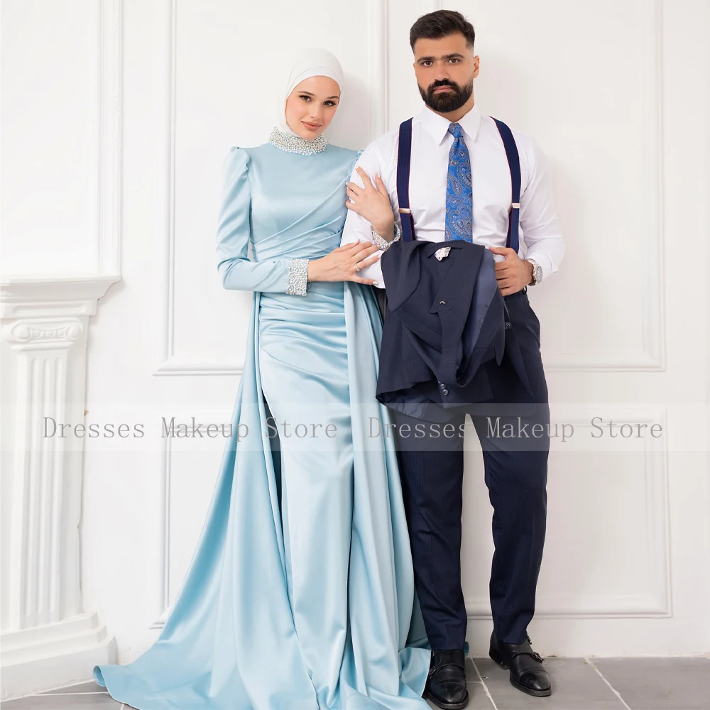 Baby Blue Wedding Guest Dress Long Crystal High Collar Column Formal Party Gowns for Women 2024 Full Sleeves Satin Evening Dress