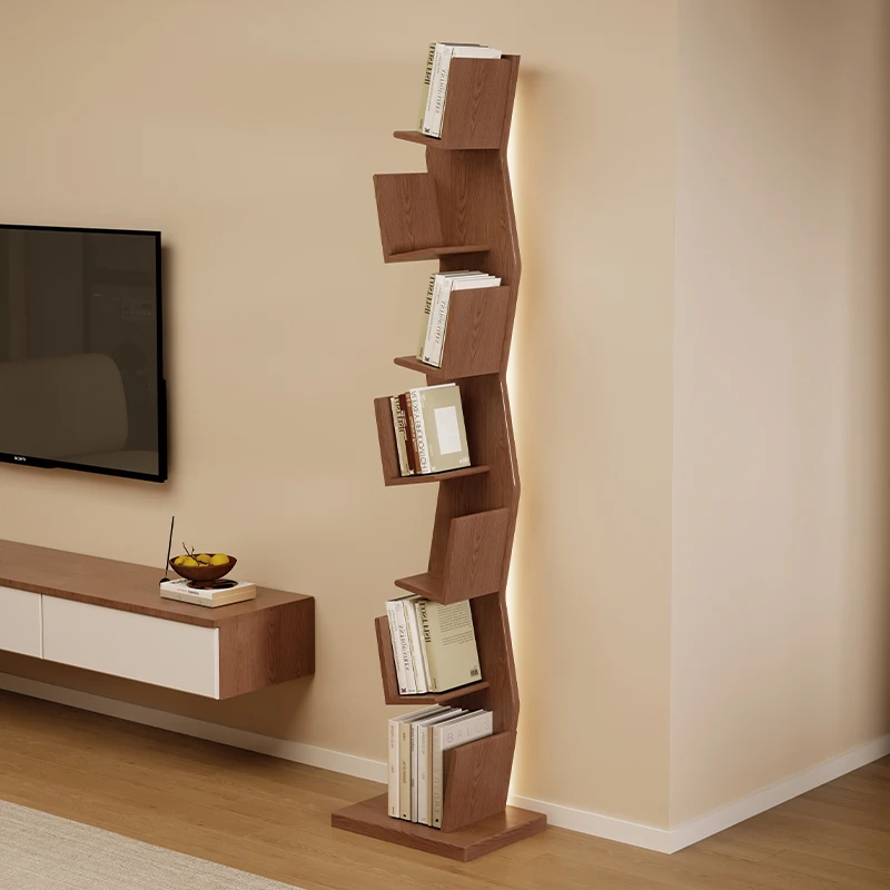 Solid Wood Bookshelf for Home Living Room Floor Standing Wall Mounted Corner Shelf Storage Unit Multi Tier LED Light Creative