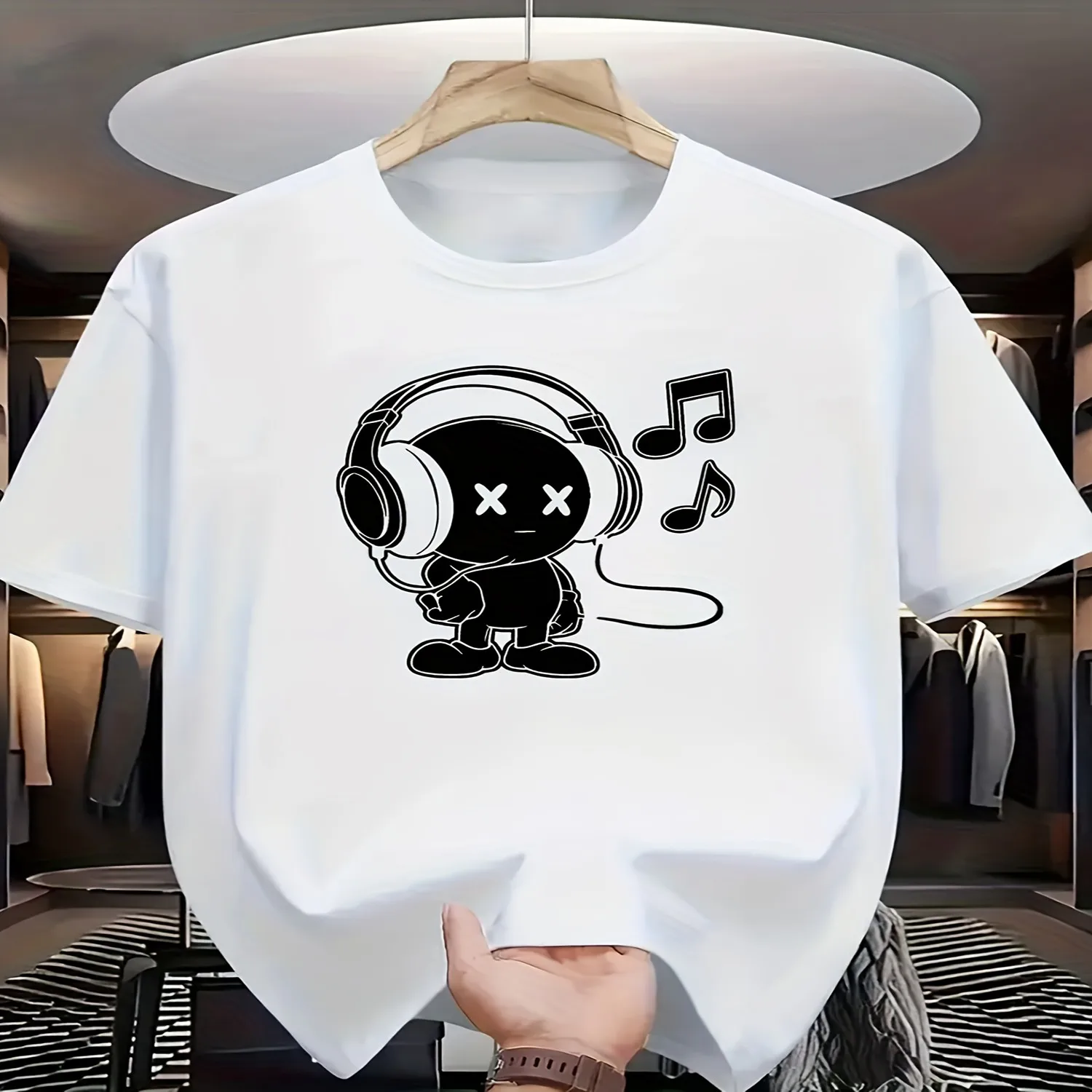 Men's Music-Themed T-Shirt with Cute Chibi Headphone Song Note Print - Casual Round Neck Short Sleeve Summer Tee for DJs, Musicians, Gamers - Anime-Inspired Casual Wear (Machine Washable) Funny Shirt, Cute Tee,