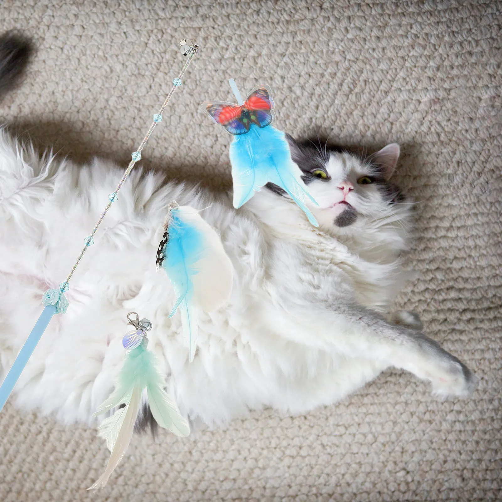 

1Set Cat Teaser Stick Set Feathered Interchangeable Heads Interactive Hunting Play Kitten Exercise Indoor Cat Wand Replacement