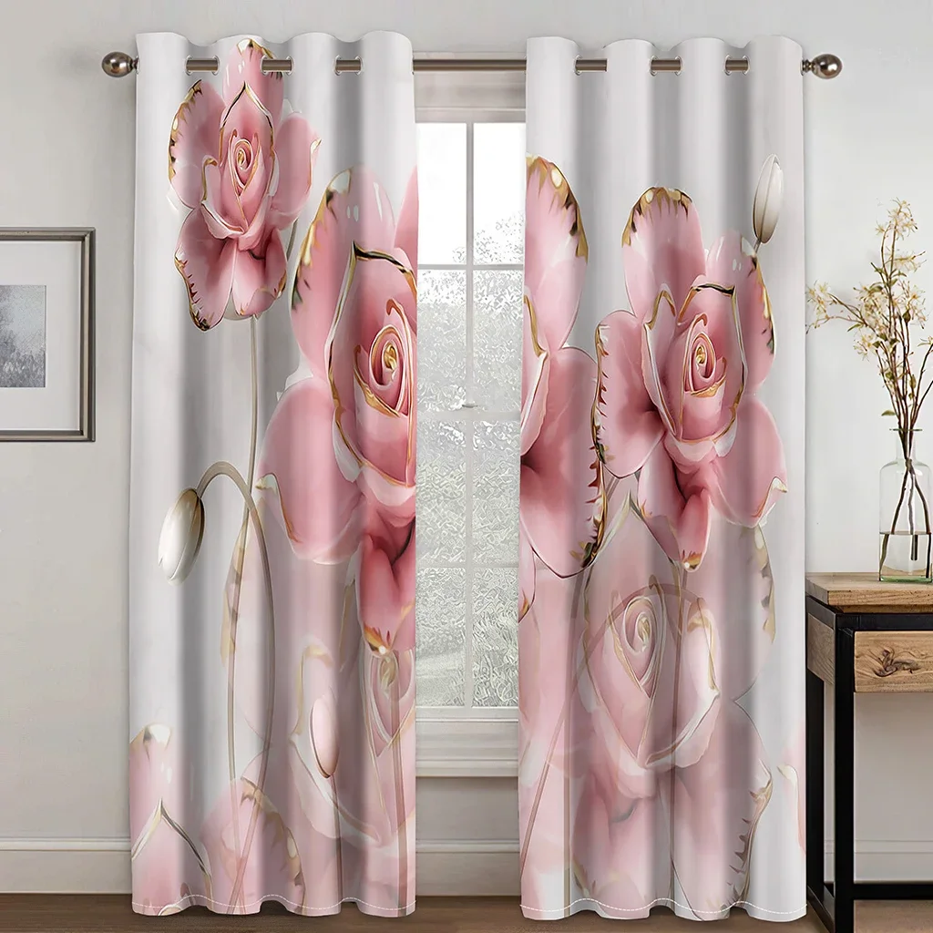 Flower Pink Love Valentine's Day Elegant Romantic Rose Thin Window Curtains for Living Room Bedroom Decor 2 Pieces Free Shipping