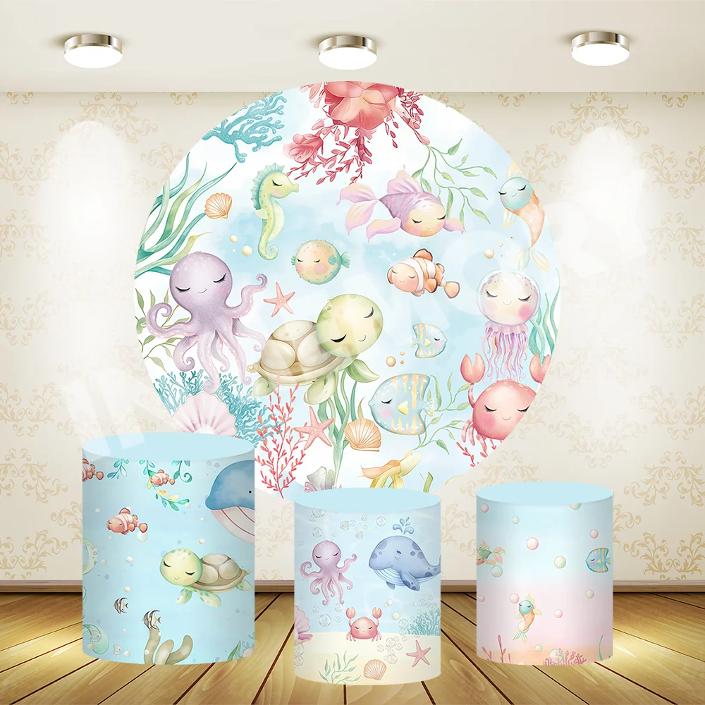 Underwater Octopus Turtle Fish Theme Round Backdrop Cover Boy 1st Birthday Banner Baby Shower Decoration Cake Table Plinth Cover