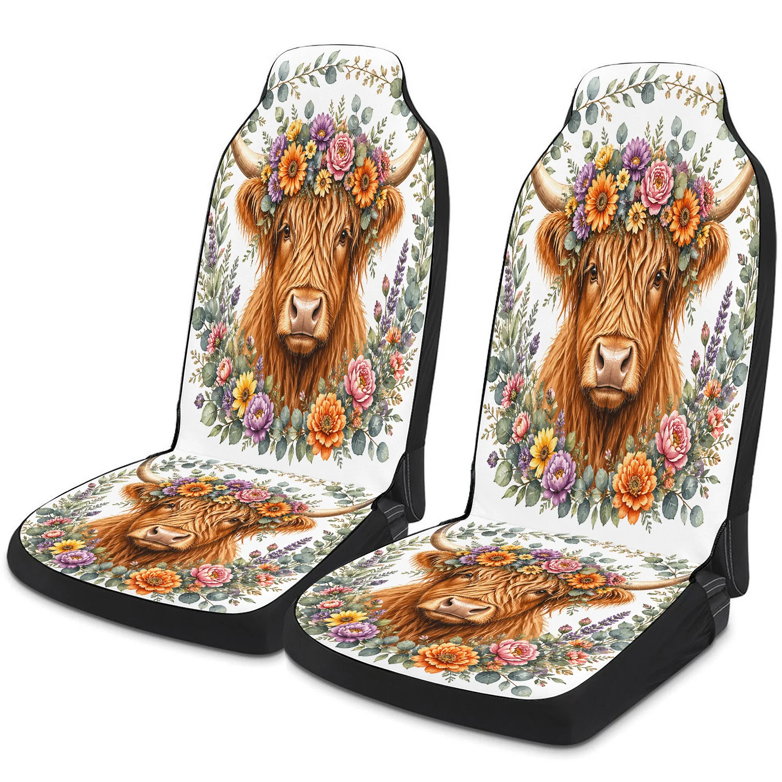Ensemble de housses de siège de voiture à motif de couronne florale Highland Cow pour la plupart des voitures et camions, housses de protection de siège de voiture respirantes et à la mode