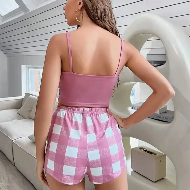 Women Y2K Shorts Set Pajamas Set Crop Cami Top Bodycon Plaid Shorts Lounge Summer 2Pcs Outfit Sets Girls Sleepwear Pajamas Set