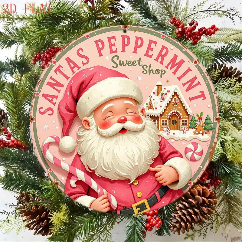 2D Flat Printing 1pc Santa Claus Mint Candy Shop Round Wooden Wall Decor - Christmas Ornament with Cane Candy And Gingerbread Ho