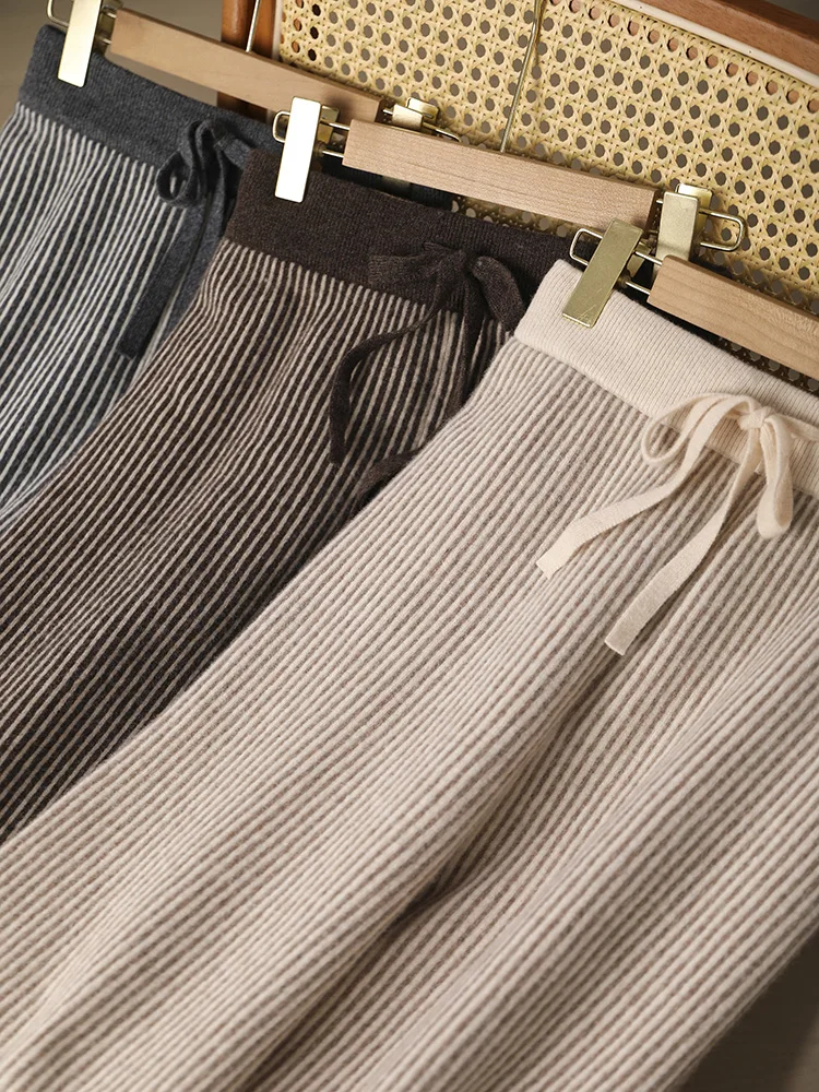 Women’s Wool Trousers Autumn Winter Cashmere Wide Leg Pants Elastic Waist Casual Contrast Striped Pants 100% Merino Wool Knitte