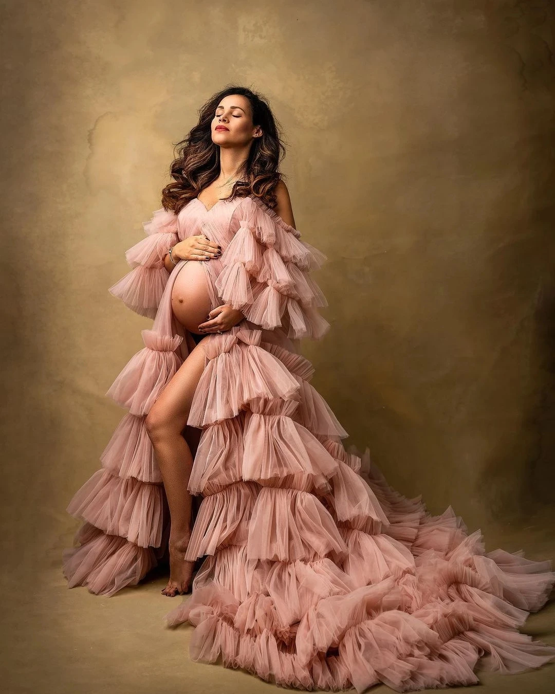 Pink Long Tulle Maternity Prom Dresses Layered Ruffles Evening Dress Custom Made Photography Celebrity Party Gown