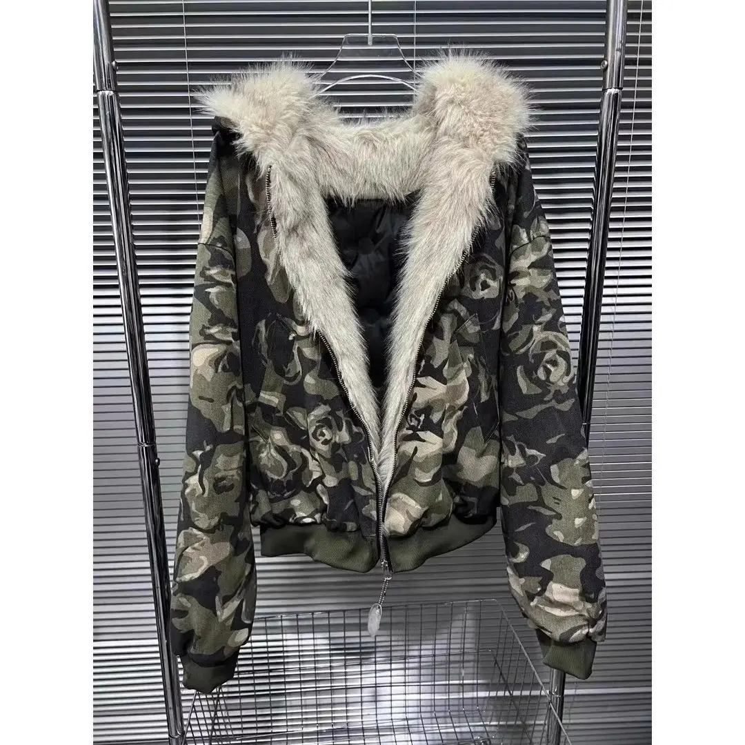 2024 American Style Fashionable  Military Green Cotton Hoodies Full Printed Camouflage Cool Hip Hop Coat Loose Thick Coats