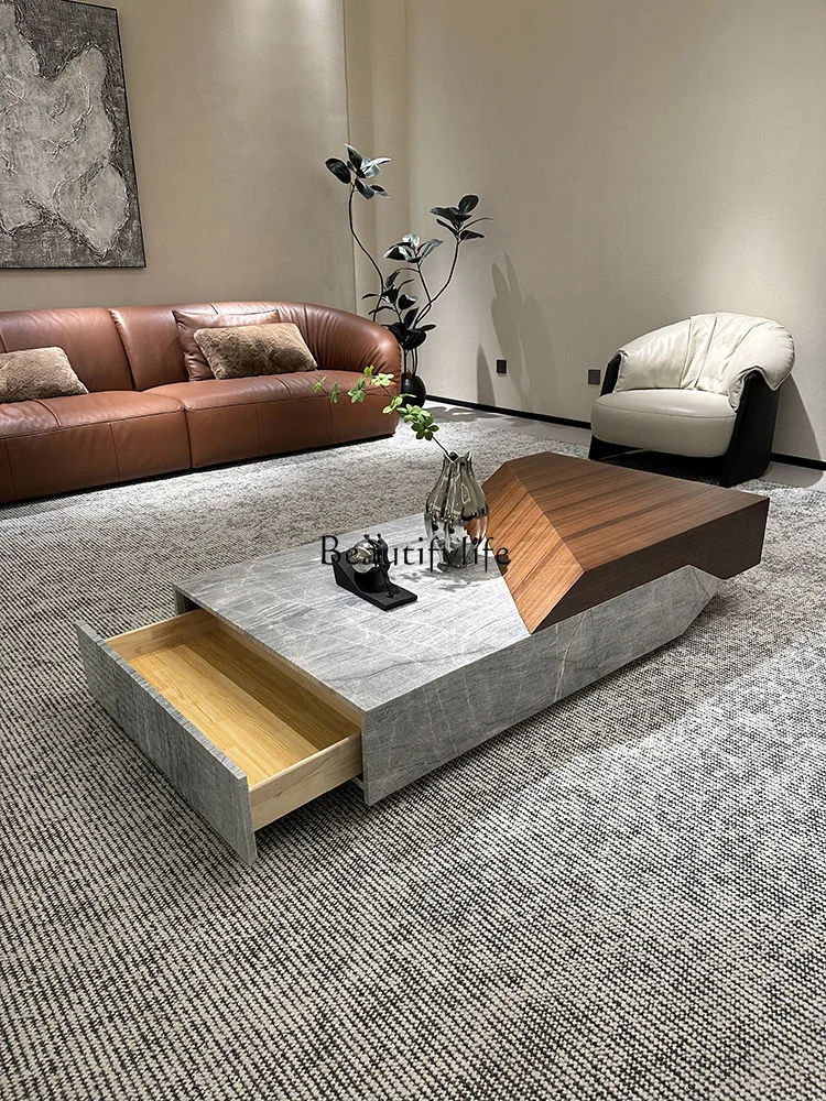 

04Italian minimalist coffee table marble premium sense with drawer living room Milan gray natural luxury stone coffee table