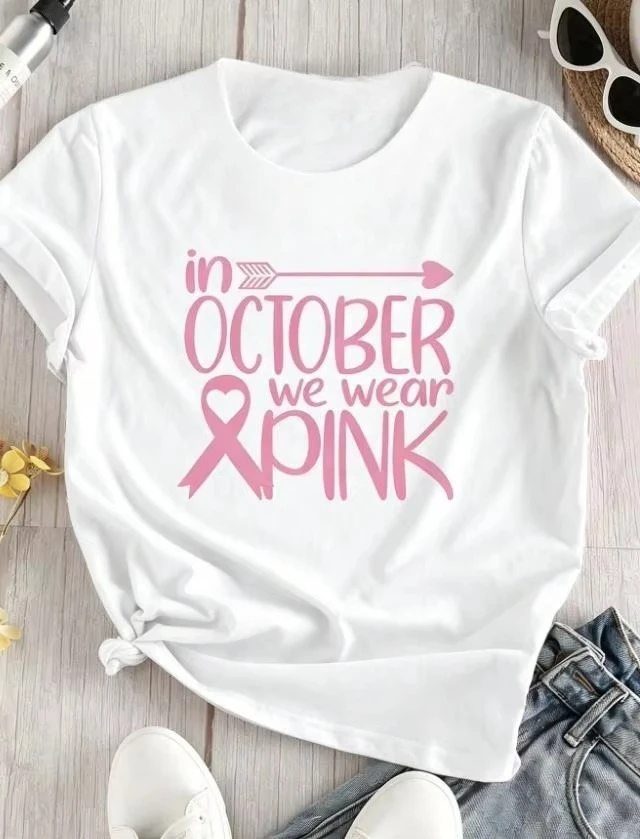 In October We Wear Pink T Shirt Women Breast Cancer Awareness Ribbon Graphic Tee Arrow Message Printed Casual Tops Summer Gifts