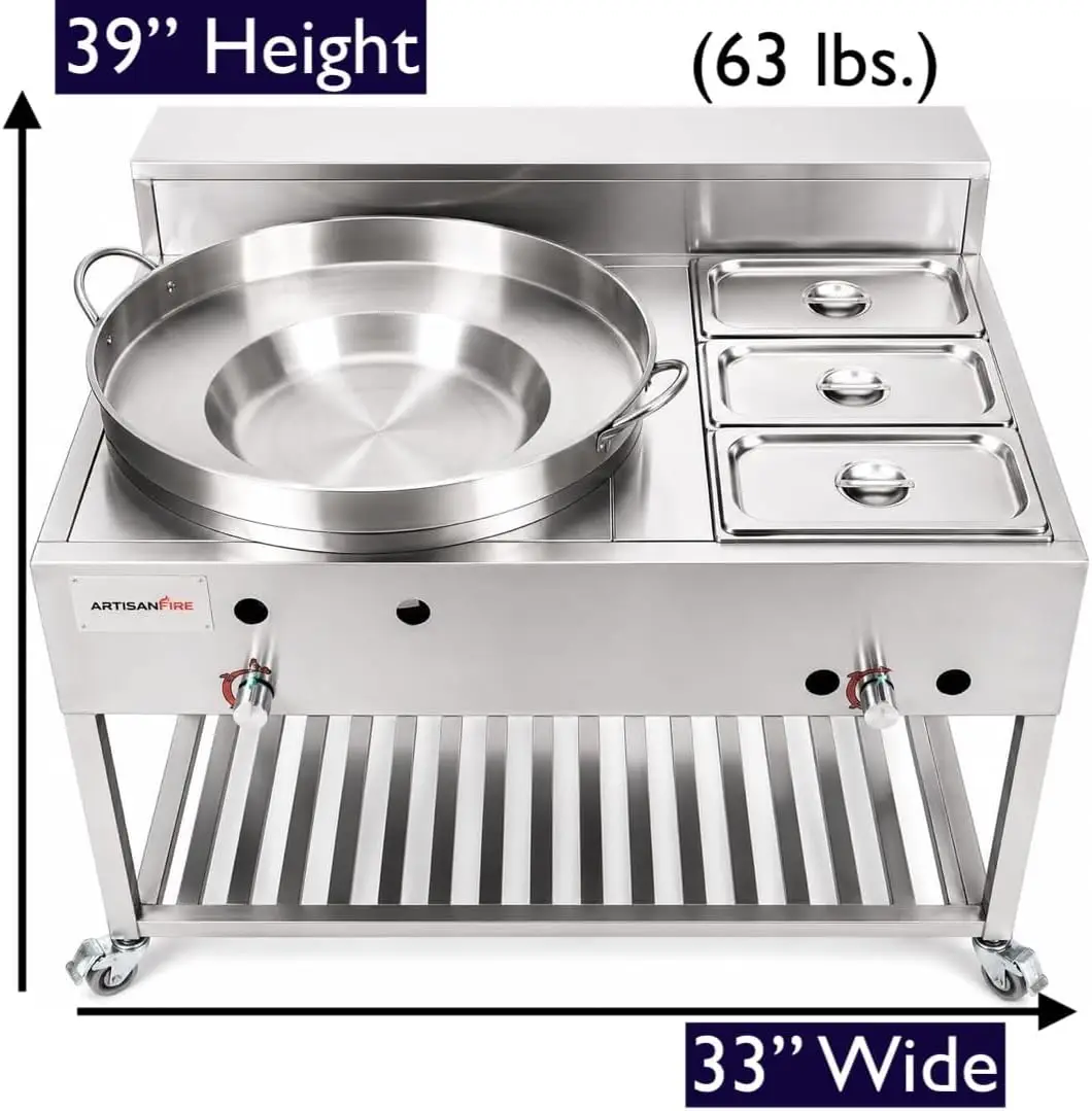 High-Pressure Propane Taco Cart Cooker with Stainless Steel Concave Comal Grill Stove, Discada Grill Bowl, and 3-Pan Steam Table