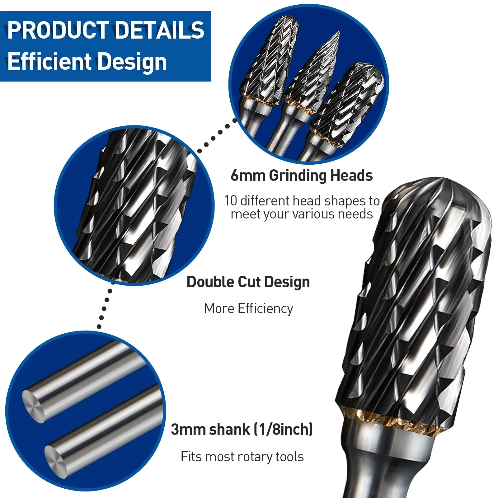 Durable Tungsten Carbide Double Cut Burrs, 10 Shapes for Efficient Cutting on Metals, Wood, Plastic, 1/8