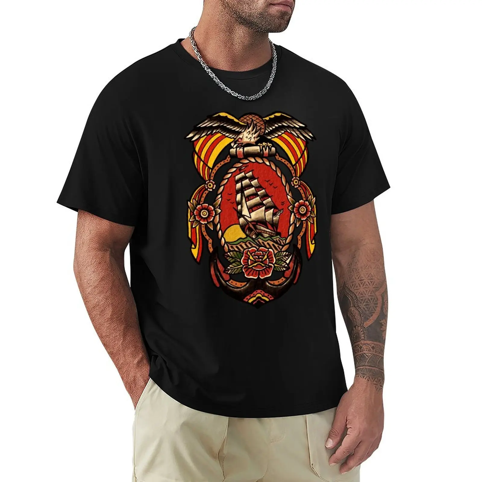 

Traditional Bald Eagle and Sailing Ship Tattoo T-Shirt blacks baggy shirts men clothes