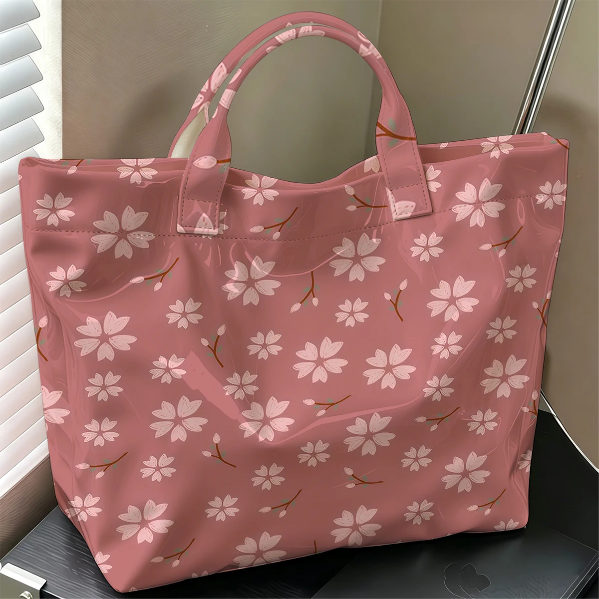 Cherry Blossoms on Pink Cute Large Glossy PVC Tote Bag Hand Washable Lightweight Soft for Travel Commute Makeup Storage Handbags