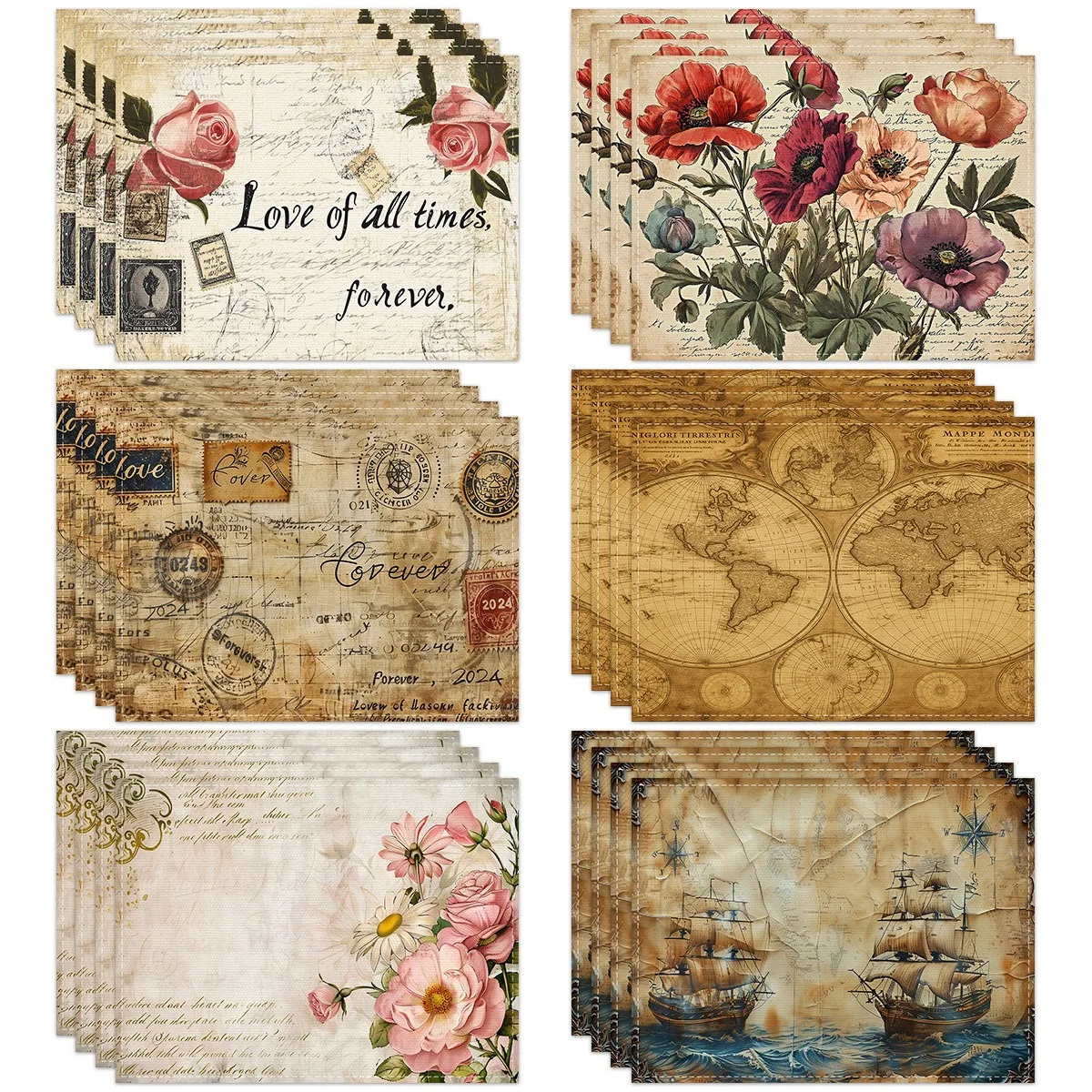 Vintage Floral Linen Placemat, Durable & Heat-Insulating, Home Kitchen & Dining Table Atmosphere Placemat