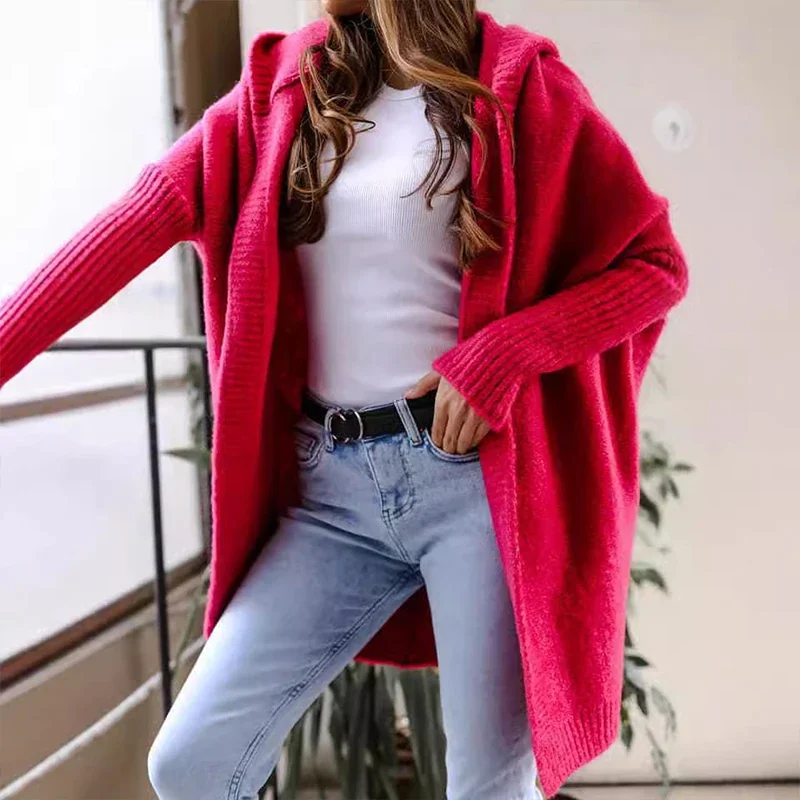 

Fashion Long Sleeve Casual Sweater Cardigan Women 2025 Autumn Winter Versatile Solid Color Knitted Hooded Coat Loose Fit Thicken