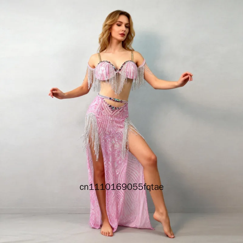 New Luxury Oriental Belly Dance Performance Dress Women Fringe Glitter Rhinestone Split Long Skirt Set for Stage Shows Costume
