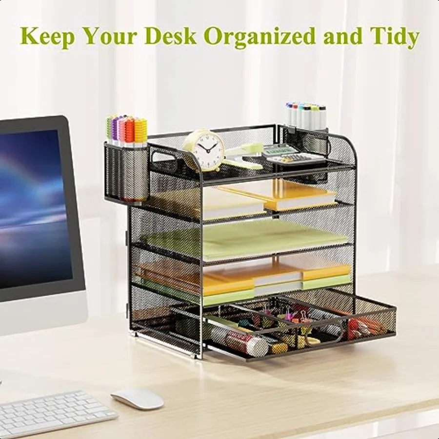 VIEERINN 5-уровневый органайзер для бумаги для стола, лоток для писем с выдвижным ящиком и 2 держателями для ручек, сетчатый сортировщик файлов, настольная полка для документов Stor
