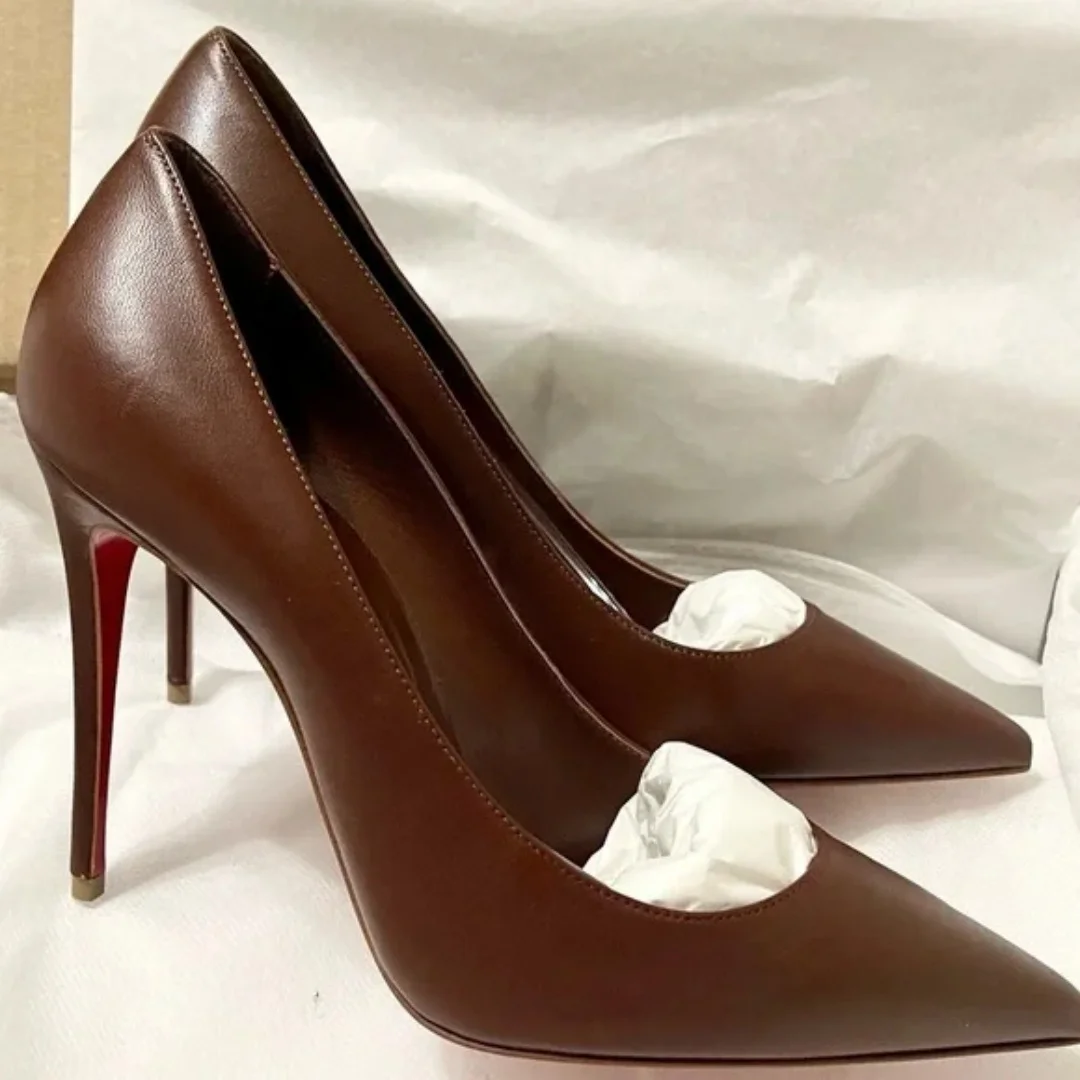 

Dark Brown Matte Sheepskin Leather Single Shoes Women Pointed-Toe Red Sole Pumps Female 8 10 12cm High Heels Stilettos Classics