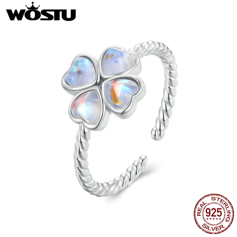 WOSTU 925 Sterling Silver Rainbow Moonstone Four Leaf Clover Ring Women Shiny Open lucky Rings Girl Party Birthday Jewelry Gift