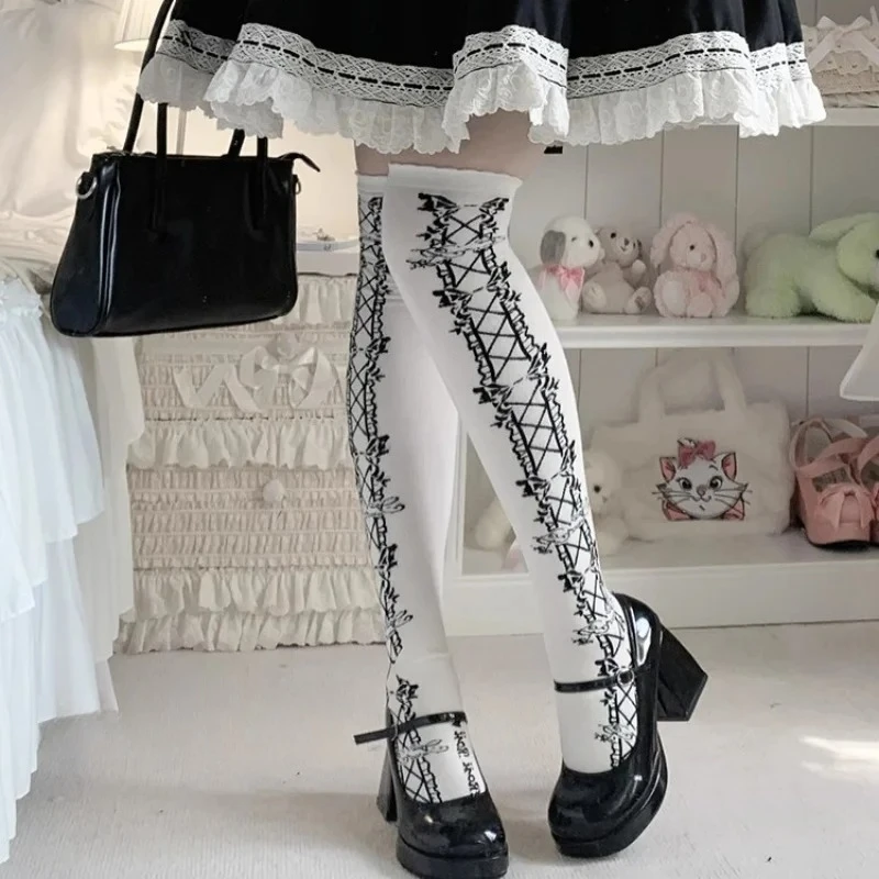 

Women Vintage Bow Cotton Lolita Socks Autumn Warm Uniform Mid-Calf Socks Cross Lines Thick Japanese Leg Shaping Knee Socks
