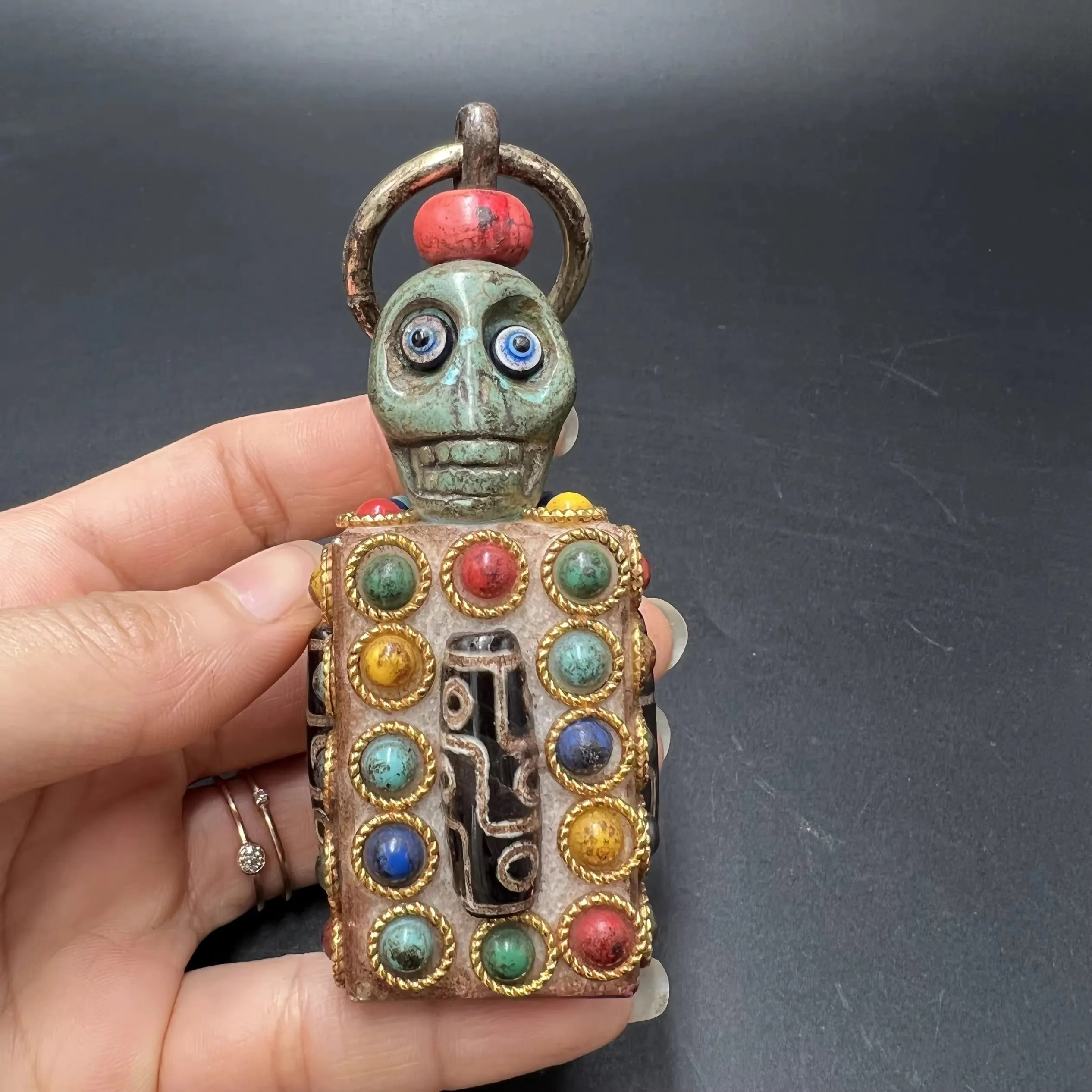 Antique China Old Jade Carving Tibetan Skull Statues Inlaid Gemstone Seal Ornament Feng Shui Prayer Amulet Sculptures