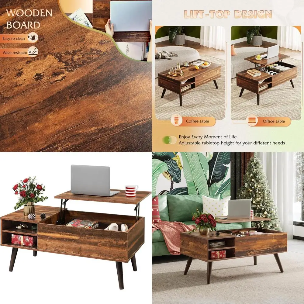 

Деревянный журнальный столик в деревенском стиле коричневого цвета с местом для хранения и регулируемыми полками для гостиной