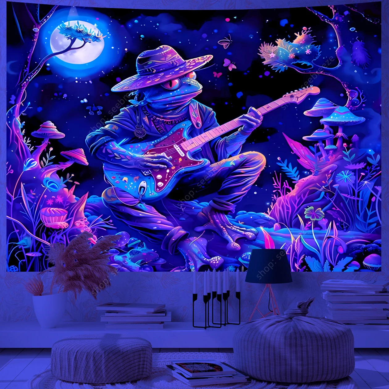 Psychedelic Space Frog UV Reactive Tapestry Moon Mushroom Tapestry Wall Hanging for Anime Kawaii Room Decor Gothic Home Decor