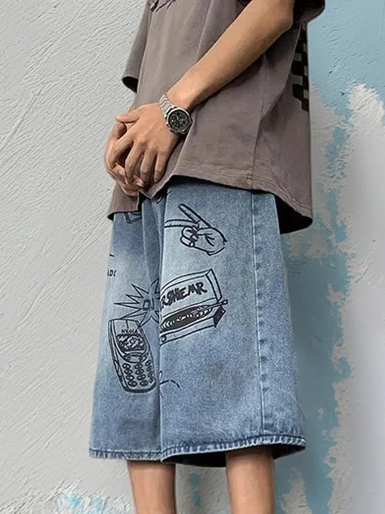 Summer Men Bodybuilding Embroidered Shorts Jeans Male Wide Leg Knee Length Retro Denim Pants Loose Graffiti Drawstring Pants