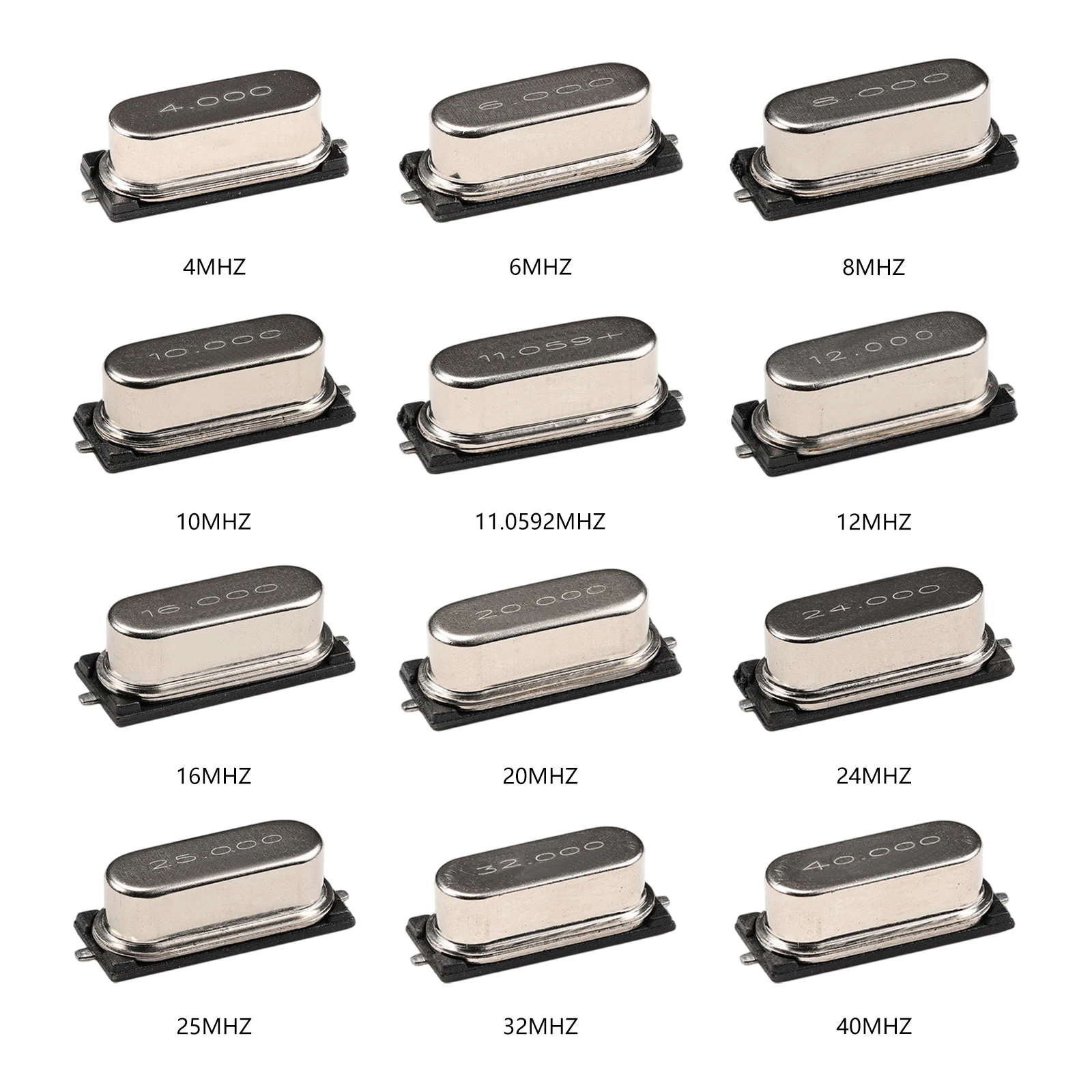 12 Values HC-49S SMD Crystal Oscillator Kit 4MHz/6MHz/8MHz/10MHz/11.0592MHz/12MHz/16MHz/20MHz/24MHz/25MHz/32MHz/40MHz 60 Pcs