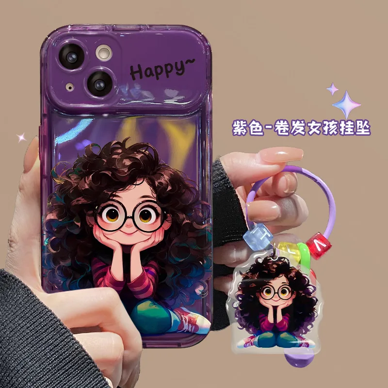 Fried hair glasses girl pendant for Apple 14pm phone case iphone15 flip mirror 13 / 12 transparent 7