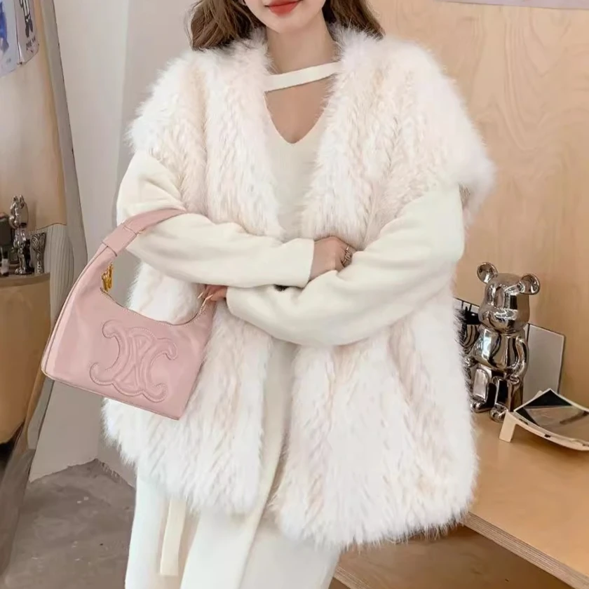 Women Faux Fur Vest Coats Jackets V Neck Short Sleeve Coat Thick Warm Y2k Streetwear Jacket Elegant Work Outerwear Autumn Winter