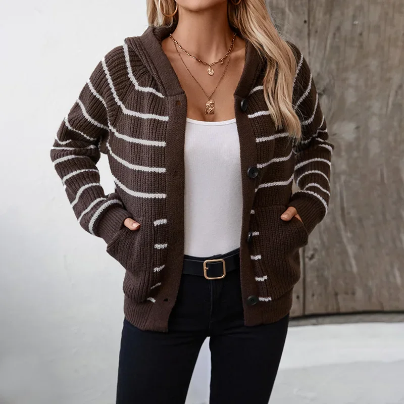 المألوف فضفاض متماسكة مقنعين سترة مخططة سترة المرأة الخريف طويلة