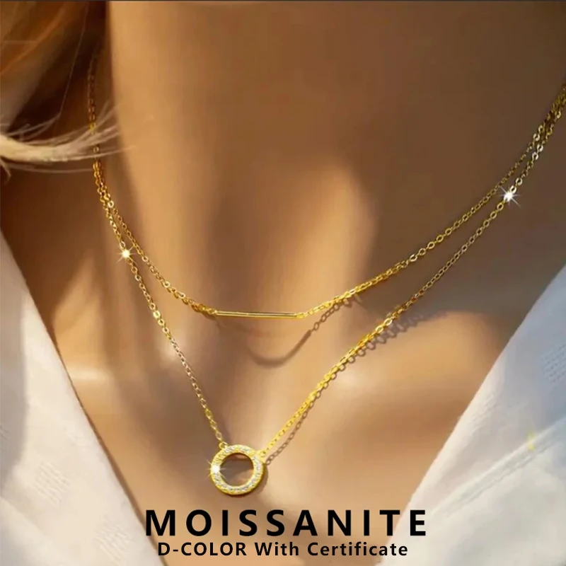 

Lnngy Moissanite Circle Pendant Necklace Niche 925 Sterling Silver Double Layers Chain Necklaces for Women Valentine's Day Gift