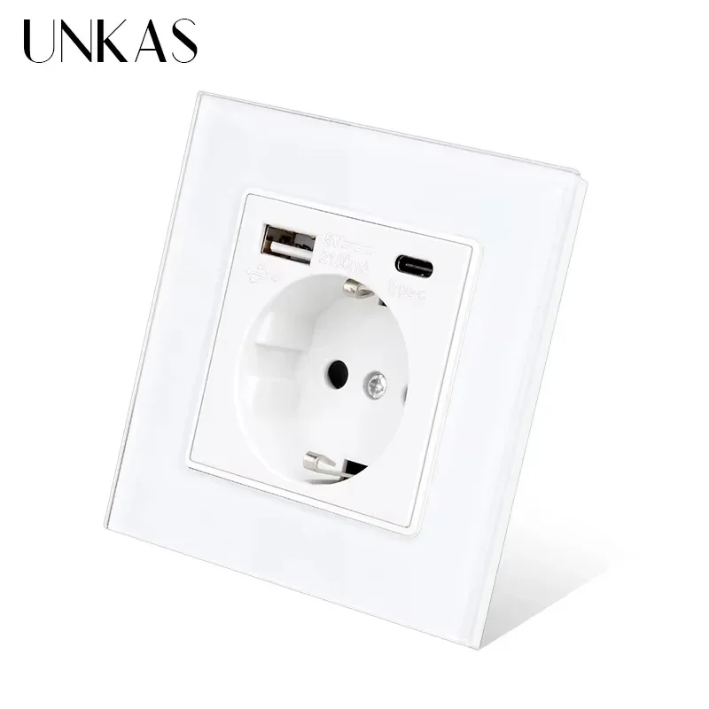 UNKAS Type-C USB Tempered Glass Panel Grey EU / Spain / Russia Wall Power Socket Grounded with Fast Charger Outlet Save Child