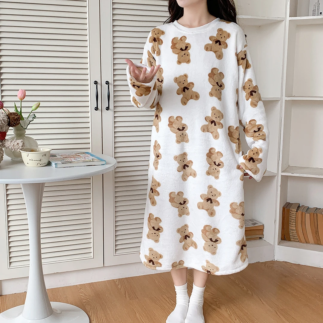 Autumn Winter Nightgowns & Sleepshirts Young Girl Warm Flannel Nightdress Long Sleeve Women Sleepwear cartoon Home Wear Clohtes