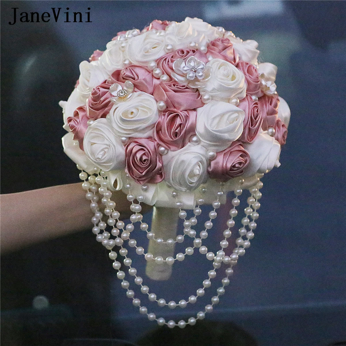 JaneVini Gorgeous Blush Pink Bridal Bouquets for Wedding Pearls Tassel Beaded Bride Flowers Satin Bouquet Ramo De Novia Vintage