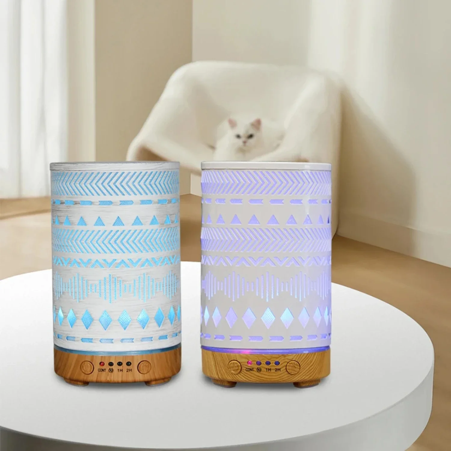 مرطب هواء أنيق لسطح المكتب بالموجات فوق الصوتية ، موزع للزيوت العطرية ، وظيفة التوقيت ، تصميم هندسي مجوف ومصاعد ليد ،
