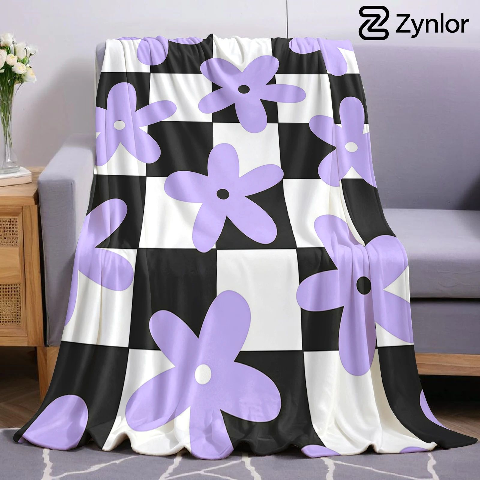 Lilac Checker Cartoon Anime Print Flannel Blanket Soft Warm Throw for Kids Bedroom Sofa Bed Christmas Office Car