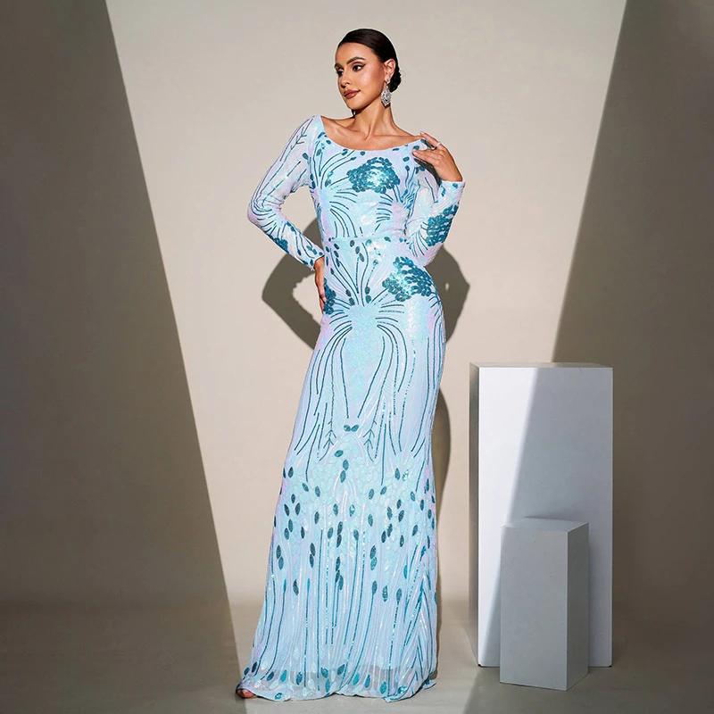 Women's Prom Dress Long Sleeve O Neck Blue Sequined Wedding Guest Bridesmaid Elegant Evening Party Dresses 2024