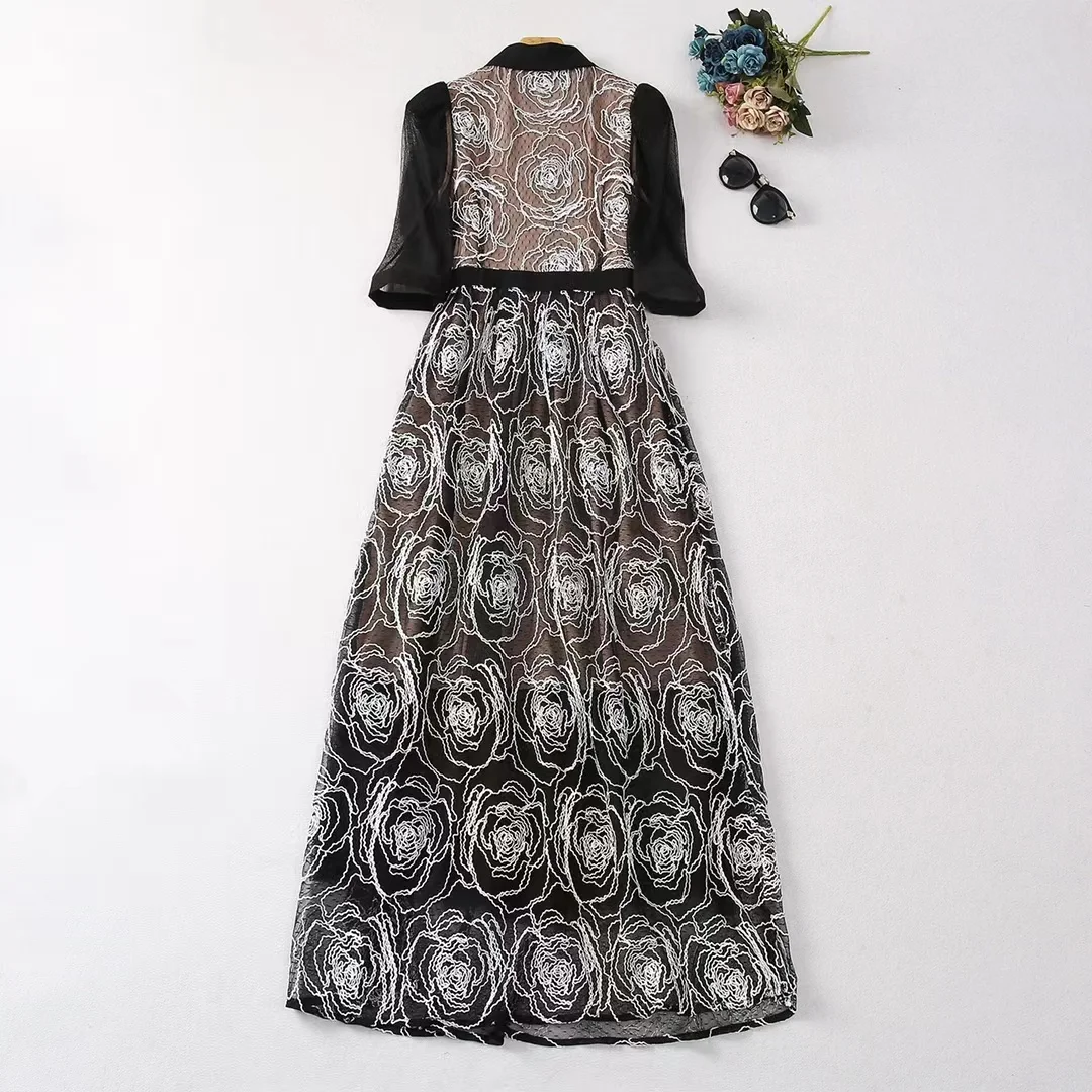 Europe and the United States women's 2024 winter new Five-quarter sleeve lapel flower embroidery fashion Black dress XXL