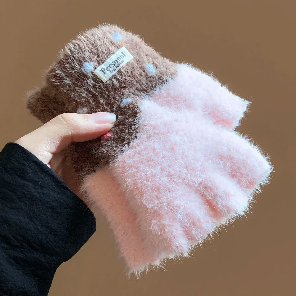 Soft Polyester Half Finger Gloves Thick Polka Dot Knitted Gloves Warm Winter Gloves Writing Use