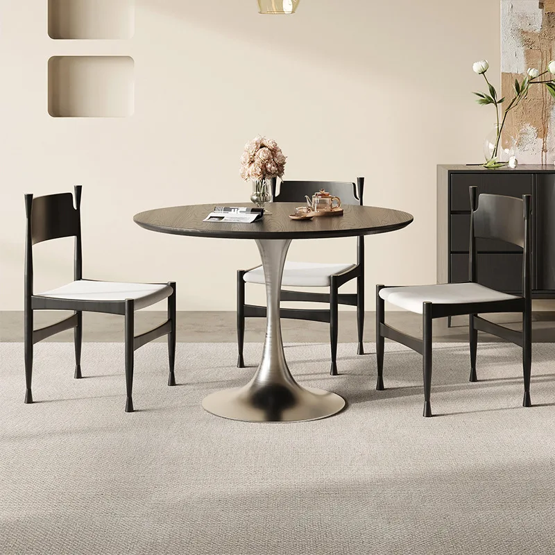 Medieval solid wood round table, dining table, chair set, household dining table, stainless steel round