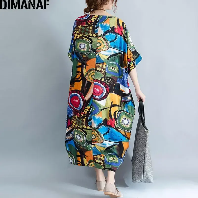 DIMANAF 2024 Plus Size Dress Women Summer Beach Print Vintage Cotton Maxi Dress Casual Oversize Lady Long Dresses Green